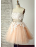 Strapless Ivory Lace Champagne Tulle Knee Length Prom Dress